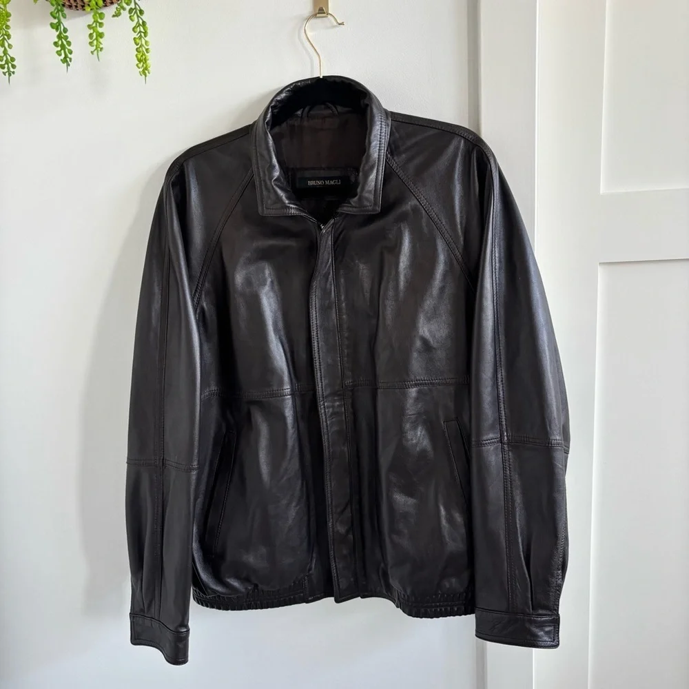 Bruno Magli Italian Brown Soft 100% Leather Made in Italy Jacket Size 42 Lined